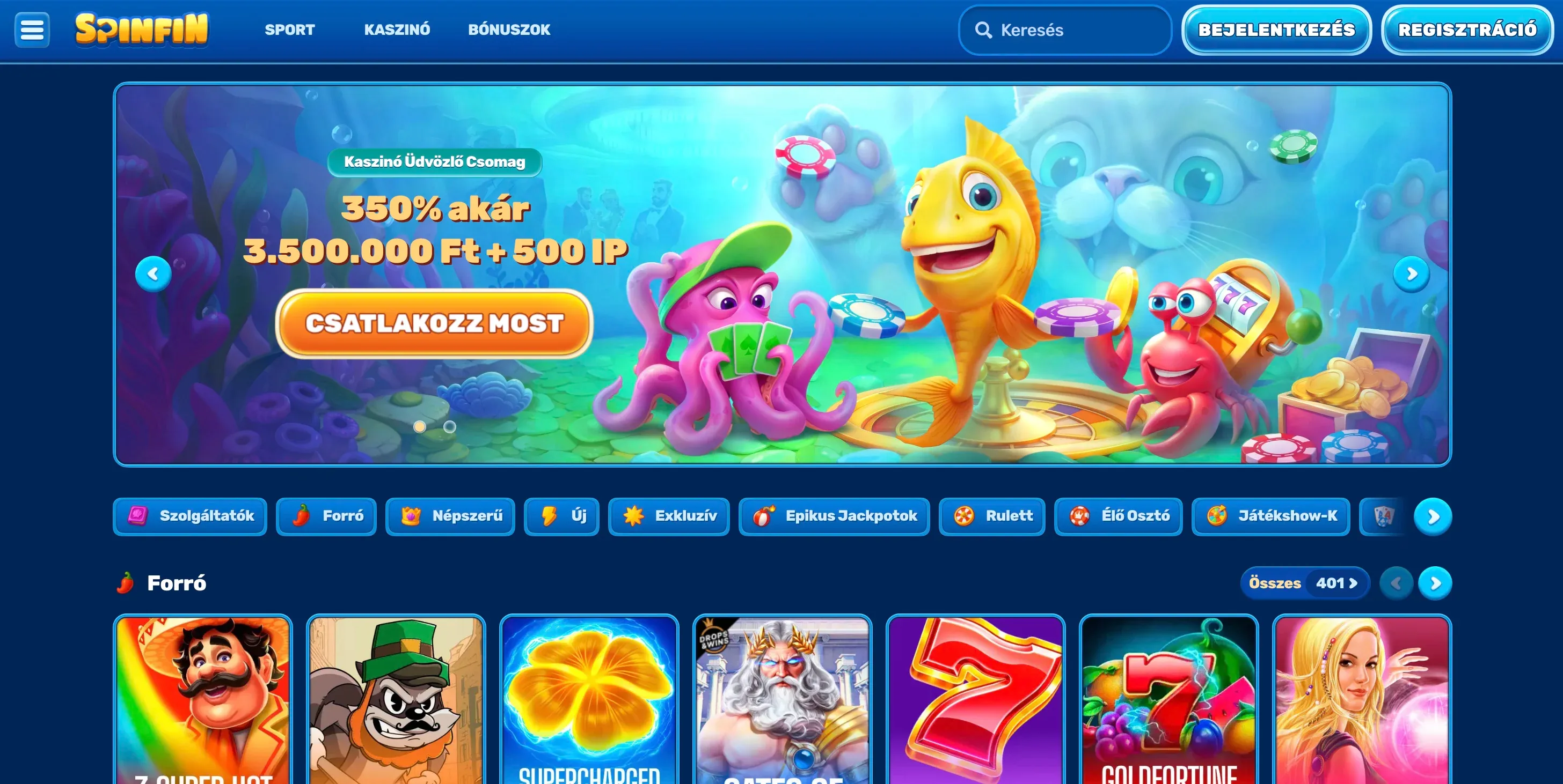 A Spinfin casino kezdőlapja